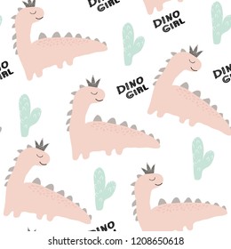 dinosaur girl seamless pattern in scandinavian style. chldish illustration for t shirt, kids fashion, fabric