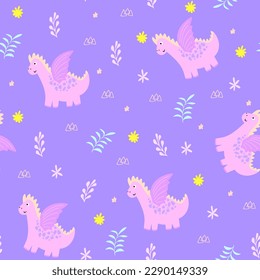 Dinosaur girl seamless pattern.Hand drawn illustration with pink dragon for kids textile,clothes,accessories,birthday party decor. Doodle vector cartoon character print design apparel.
