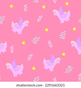 Dinosaur girl seamless pattern.Hand drawn illustration with pink dragon for kids textile,clothes,accessories,birthday party decor. Doodle vector cartoon character print design apparel.