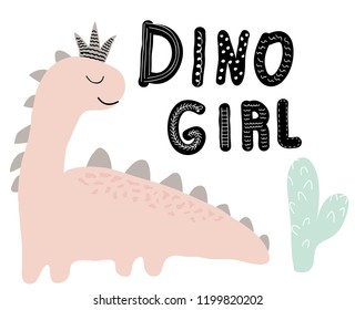 dinosaur girl vector print . chldish illustration for t shirt, kids fashion, fabric