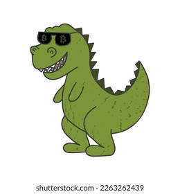 Dinosaur with glasses. Bitcoin. Cool dino. Vector illustration. Character. cartoon