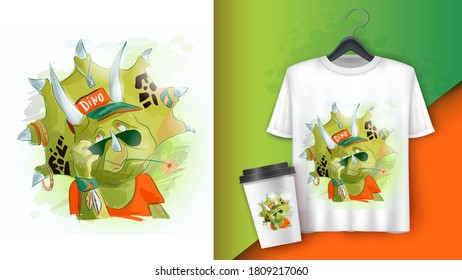 Dinosaurio con gafas, gorra y camiseta. Triceratops. Afiche y merchandising. Se puede usar para imprimir tarjeta de felicitación de diseño usada para el diseño de impresión, banner