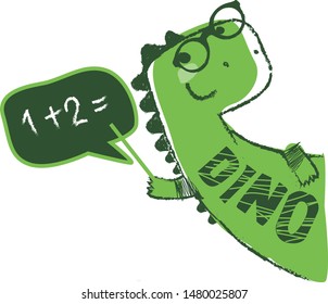 Dinosaur with glasses with a pointer at the blackboard at school
