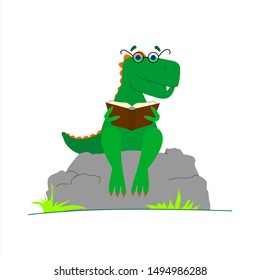 Dinosaur With Glasses Reading a Book. Smart Dinosaur. A Tyrannosaurus With A Crest On its Back and With Glasses Sits on a Stone With a Book in its Paws. Vector Image Isolated on a White background.