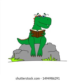 Dinosaur With Glasses Reading a Book. Smart Dinosaur. A Tyrannosaurus With A Crest On its Back and With Glasses Sits on a Stone With a Book in its Paws. Vector Image Isolated on a White background.
