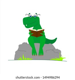 Dinosaur With Glasses Reading a Book. Smart Dinosaur. A Tyrannosaurus In Glasses Sits on a Stone With a Book in its Paws. Vector Image Isolated on a White background.