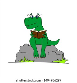Dinosaur With Glasses Reading a Book. Smart Dinosaur. A Tyrannosaurus In Glasses Sits on a Stone With a Book in its Paws. Vector Image Isolated on a White background.