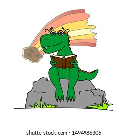 Dinosaur In Glasses Is Reading A Book. Smart Dinosaur On Background Of Falling Meteorite. A Tyrannosaurus With Glasses Sits On a Stone With a Book In its Paws. Vector Image Isolated.