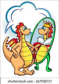 Dinosaur with good self-esteem looks in the mirror