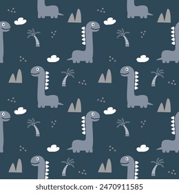 Dinosaur gray cartoon so cute. On tree mountain cloud background. Pattern seamless vector illustration. 
