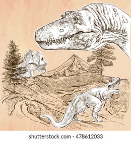 DINOSAUR. A group of predatory dinosaurs. Freehand sketching, line drawing. A hand drawn vector illustration. Colored background is isolated. Line art technique. Vector is easy editable.