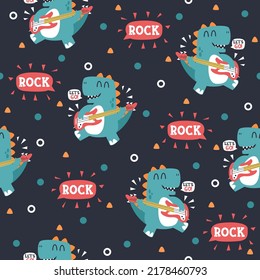 Dinosaur guitar cartoon trendy pattern background concept