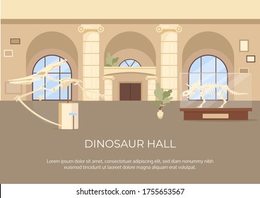 Dinosaur hall poster flat vector template. Fossils and skeleton on display. Brochure, booklet one page concept design with cartoon characters. Archeological exhibition flyer, leaflet