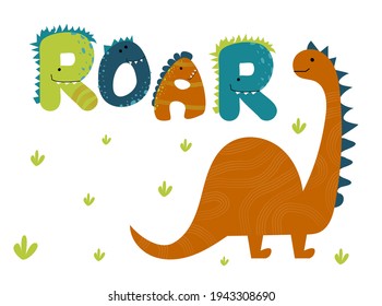 Dinosaur Hand drawn cute vector scandinavian lettering. Dino. Great design for t-shirt, logo, kids apparel, invitation, poster, print.