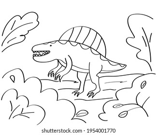 Dinosaur Hand-drawn coloring page for kids. The spinosaurus dinosaur. It can be used for children's creativity and education. Black outline isolated on a white background. Vector illustration.