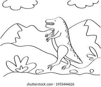 Dinosaur Hand-drawn coloring page for kids. The dinosaur is a Tyrannosaurus Rex. It can be used for children's creativity and education. Black outline isolated on a white background. Vector.