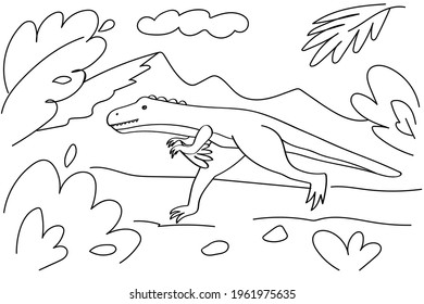 Dinosaur Hand-drawn coloring page for kids. The spinosaurus dinosaur. It can be used for children's creativity and education. Black outline isolated on a white background. Vector illustration.