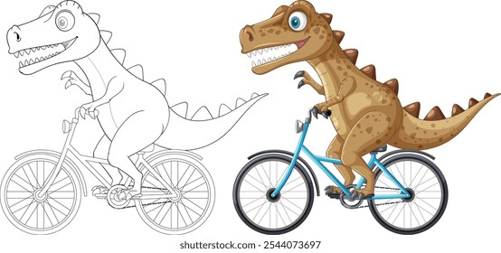 A dinosaur happily cycling on a blue bike