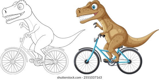 A dinosaur happily cycling on a blue bike