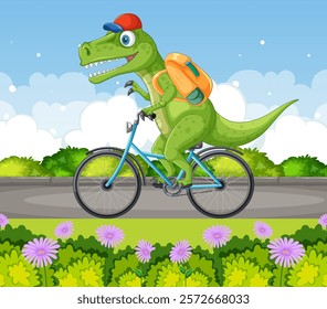 A dinosaur happily cycling through a scenic park