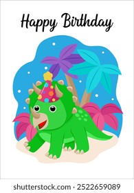 dinosaur happy birthday card vector, green dinosaur in party hat against palm trees and blue color background, ideal for birthday party invitations or fun event promotions.