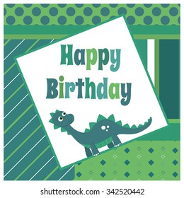 Dinosaur happy birthday greetings card. Geometric patterns, happy colors.