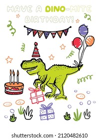 Dinosaur happy birthday party. Cute doodle baby t shirt design. Funny Dino baby collection. Textile design for baby boy on white background. Cartoon animal monster vector illustration.