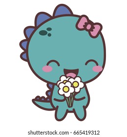 A dinosaur happy girl with flower. Good day. Vector flat illustration