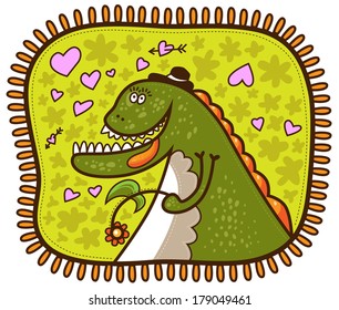 Dinosaur with a hat on his head and with a flower in its paw around him pink hearts