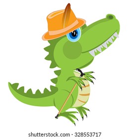 Dinosaur in hat and with walking stick on white background is insulated