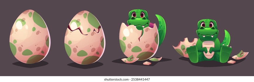 Dinosaur hatch egg. Cute dino crack shell isolated ui illustration. Magic dragon baby born sequence animation. Funny and comic green monster open white cover for life. Paleontology character icon