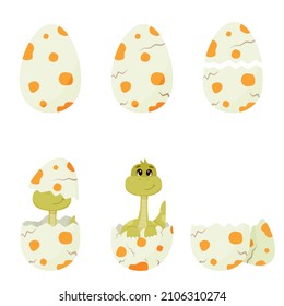 Dinosaur hatching from the egg. Different birth stages of cute little cartoon dinosaur isolated on white background