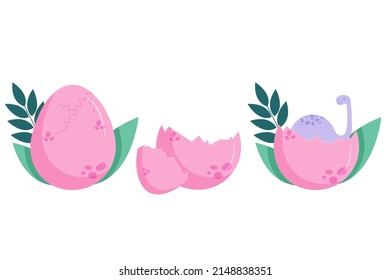 Dinosaur hatching from the egg Different birth stages of cute little cartoon dinosaur