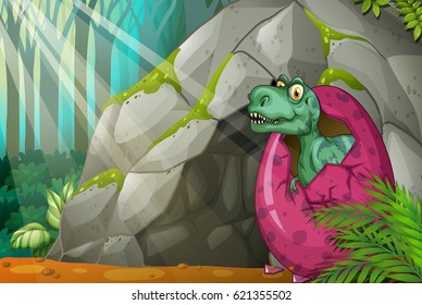 Dinosaur hatching egg in front of cave illustration