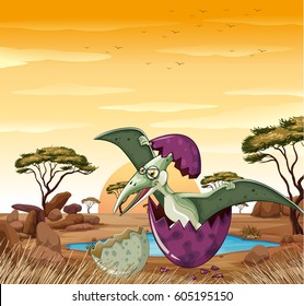 Dinosaur hatching egg at sunset illustration