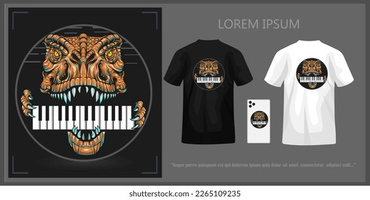 Dinosaur head biting piano t-shirt design, complete with mockup.