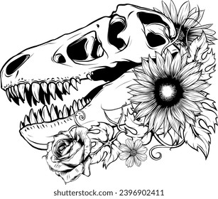 Dinosaur head in black and white outline