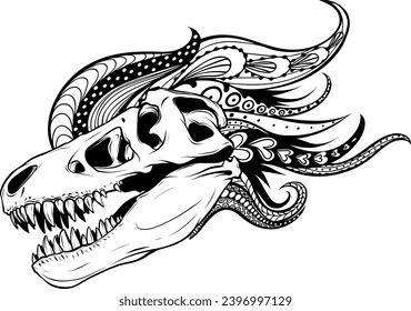 Dinosaur head in black and white outline