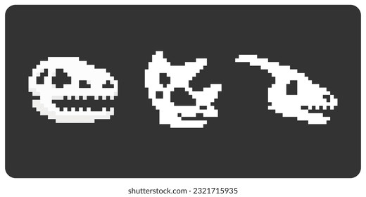 dinosaur head skeleton in 8 bit pixel art. Animals for game assets in vector illustration