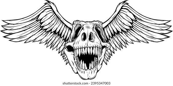 Dinosaur head skeleton hand drawn line illustration on white background