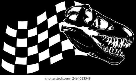 Dinosaur head skeleton in white line on black background