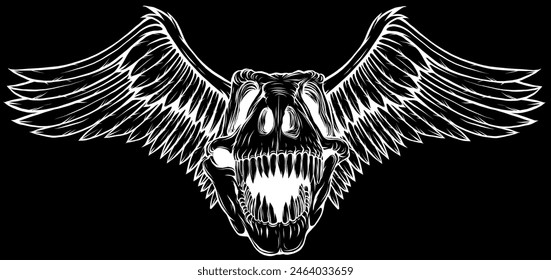 Dinosaur head skeleton in white line on black background