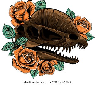 dinosaur head skull with rose artwork design