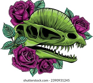 dinosaur head skull with rose artwork design