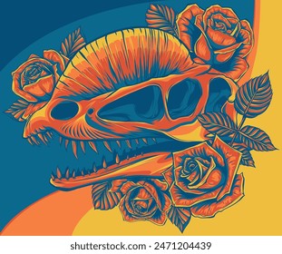 dinosaur head skull with rose artwork design