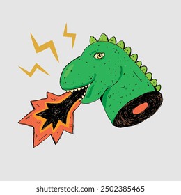 Dinosaur head spits fire hand drawing cartoon character vector illustration