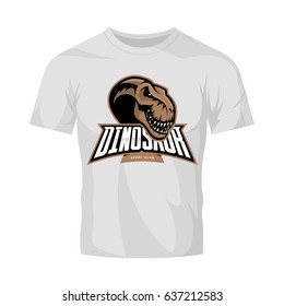 Dinosaur head sport club vector logo concept isolated on white t-shirt mockup. Modern team badge mascot design. Premium quality wild reptile t-shirt tee print illustration. Monster professional icon.