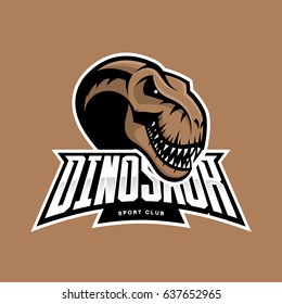 Dinosaur head sport club vector logo concept isolated on brown background. Modern team badge mascot design. Premium quality wild reptile t-shirt tee print illustration. Monster professional icon.
