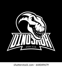 Dinosaur head sport club vector logo concept isolated on black background. Modern team badge mascot design. Premium quality wild reptile t-shirt tee print illustration. Monster professional icon.