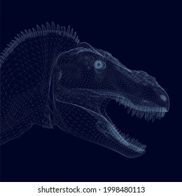 Dinosaur head wireframe from blue lines isolated on dark background. Side view. 3D. Vector illustration